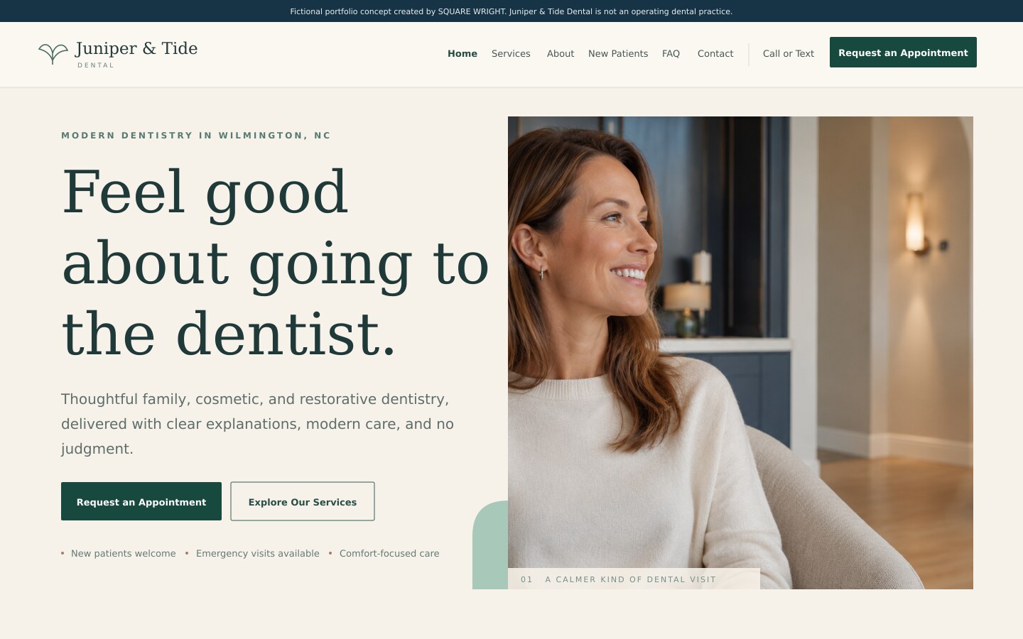 Juniper and Tide Dental fictional website concept