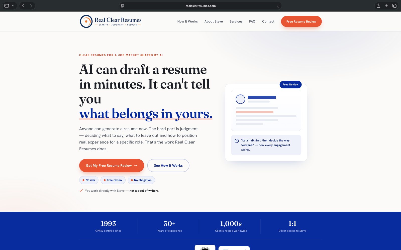 Real Clear Resumes website homepage designed for a résumé writing service